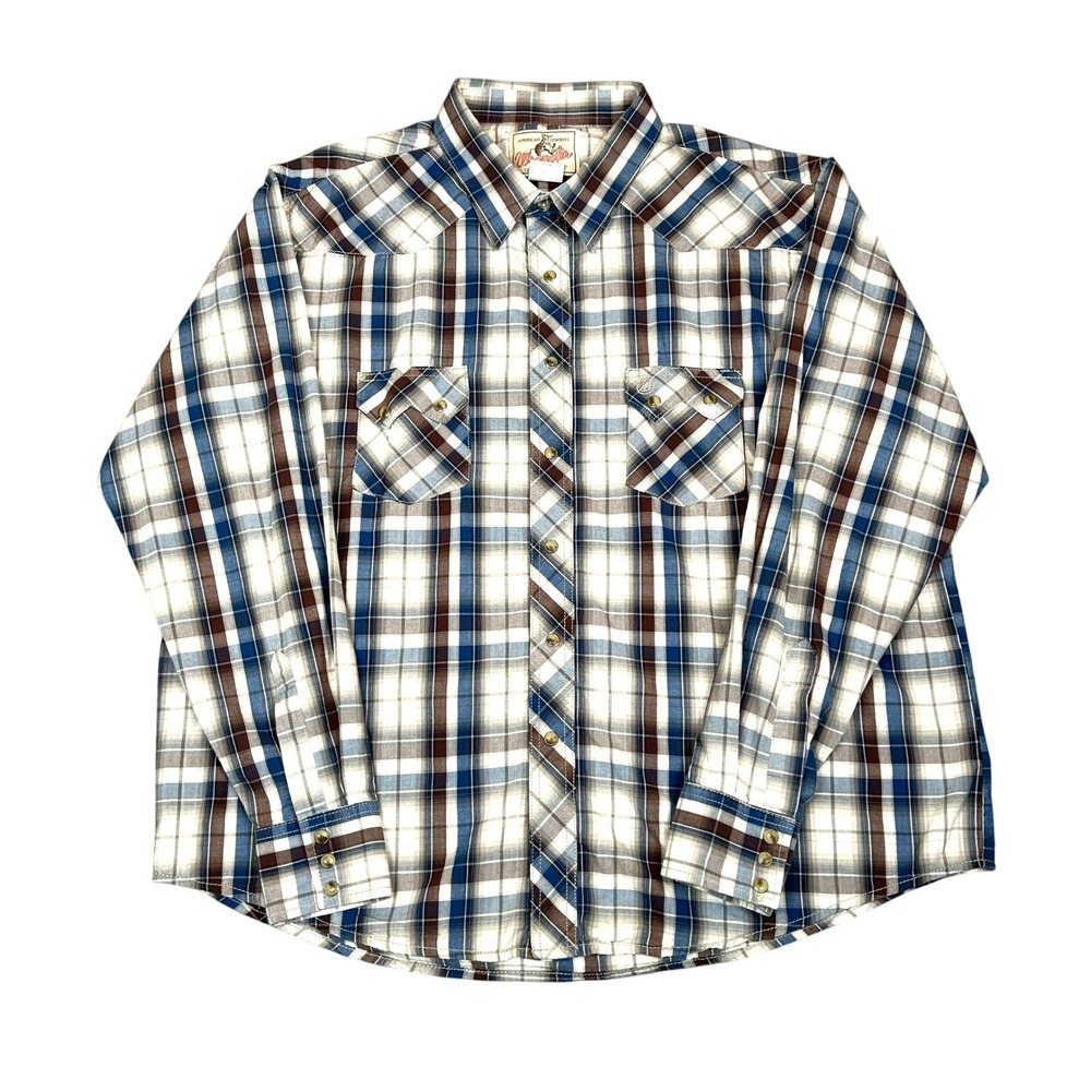 Vintage Wrangler American Cowboys Mens XXL Western Plaid Snap Button Shirt Blue